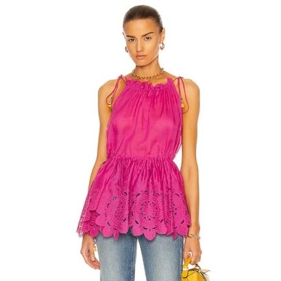 ZIMMERMANN Teddy Scallop Broderie Anglaise Tie Tunic Top Size 2 in Fuchsia NWOT - Picture 5 of 16